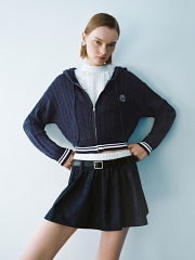 Factory Cropped Cable Knit College Style Zip-Up Hoodie