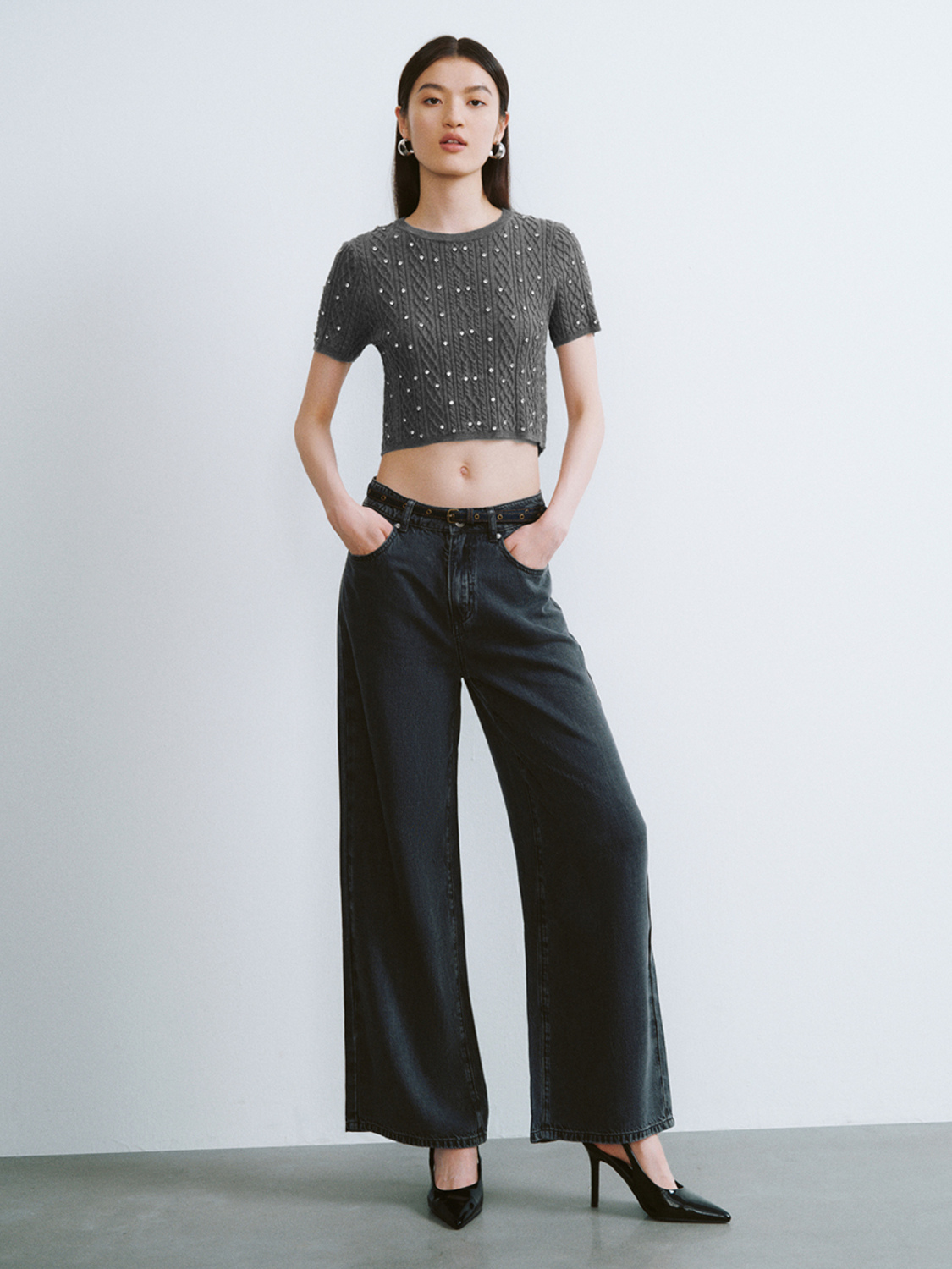 OEM Women’s Grey Ribbed Knit Sweater with Pearl Embellishments