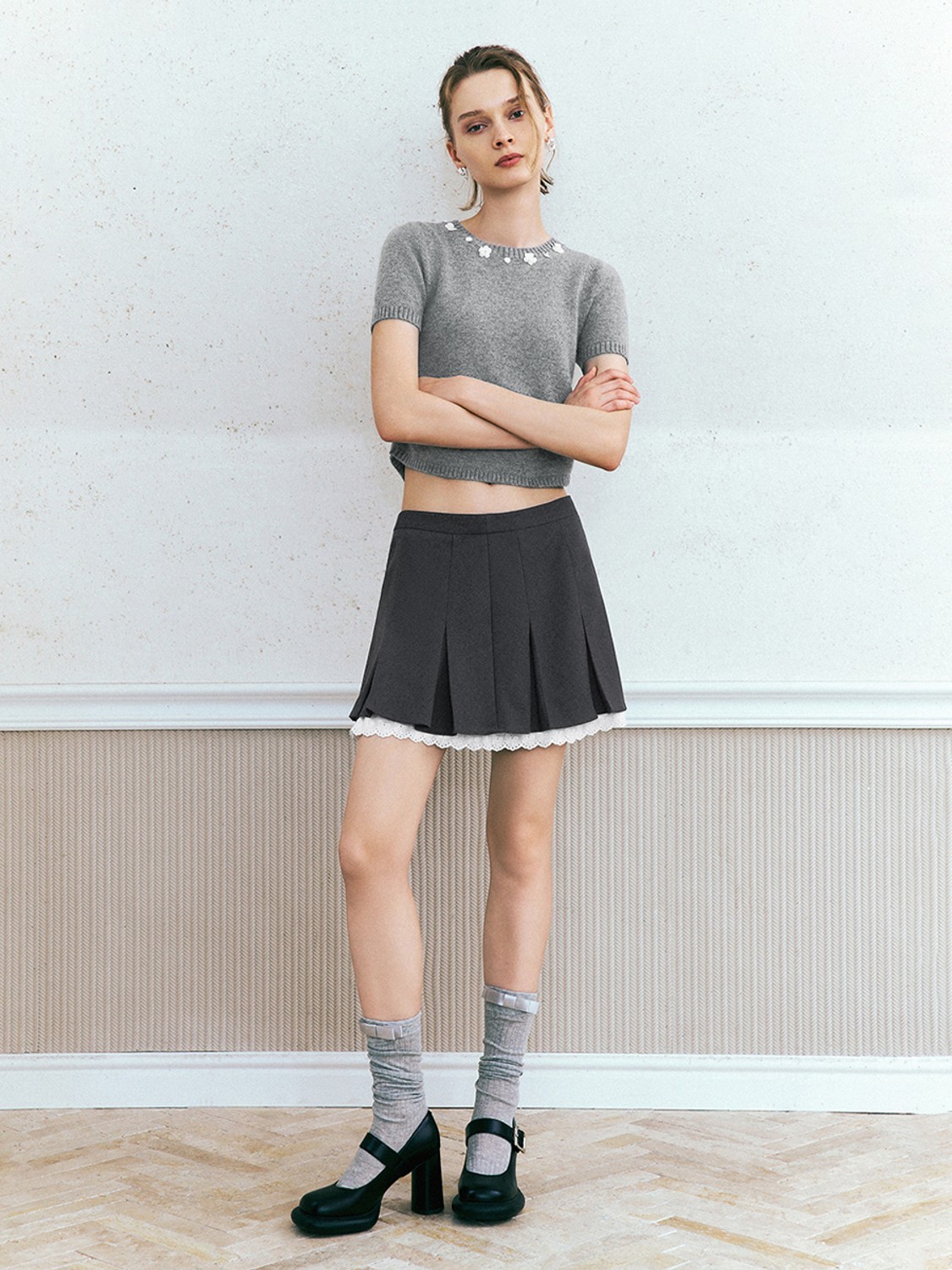 Wholesale Women’s Short-Sleeve Knit Sweater with Floral Embellishments