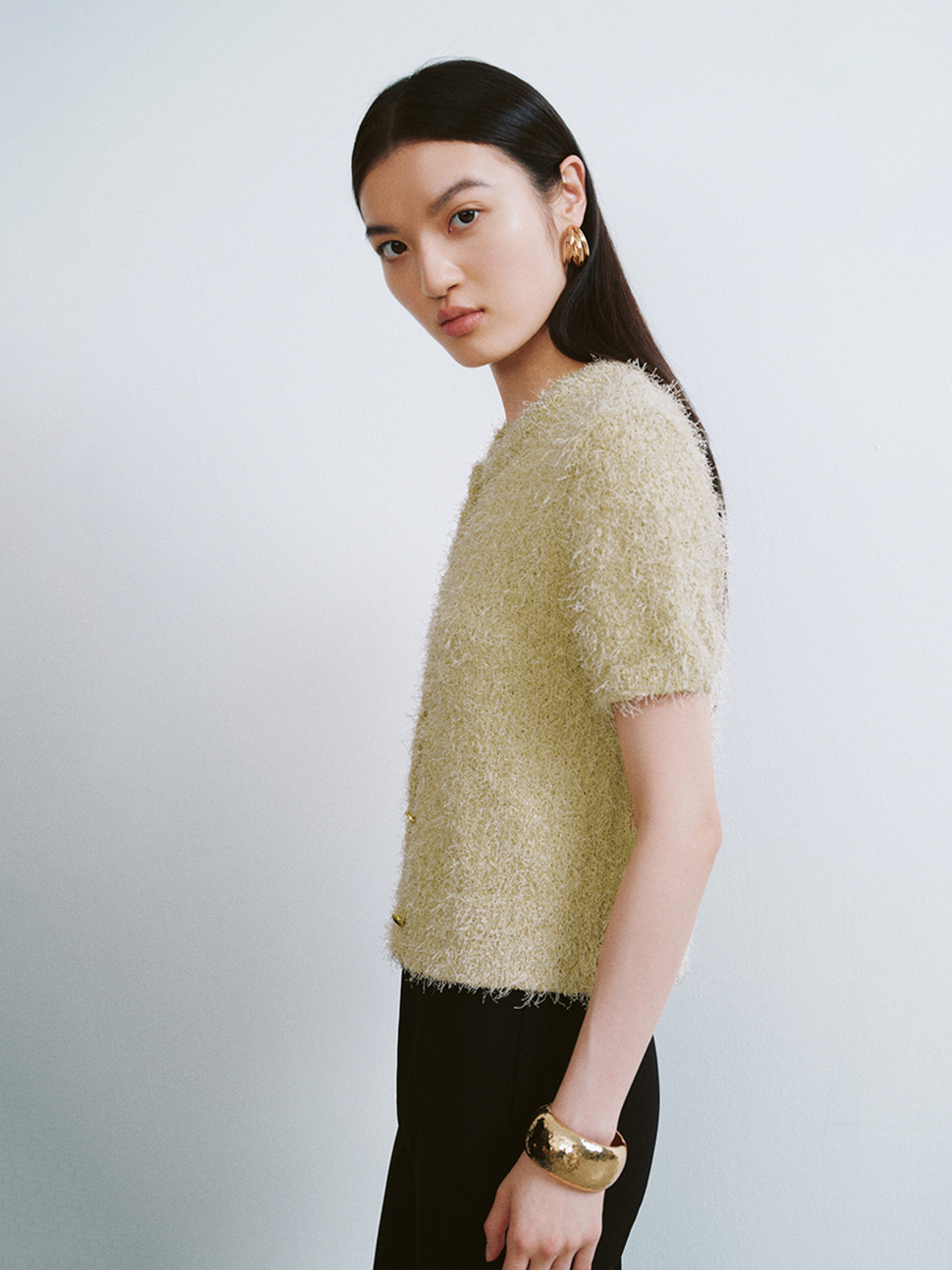 ODM French style crew neck Soft Textured Button-Up Cardigan