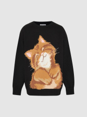 OEM Black Sweater with Playful Cat Design
