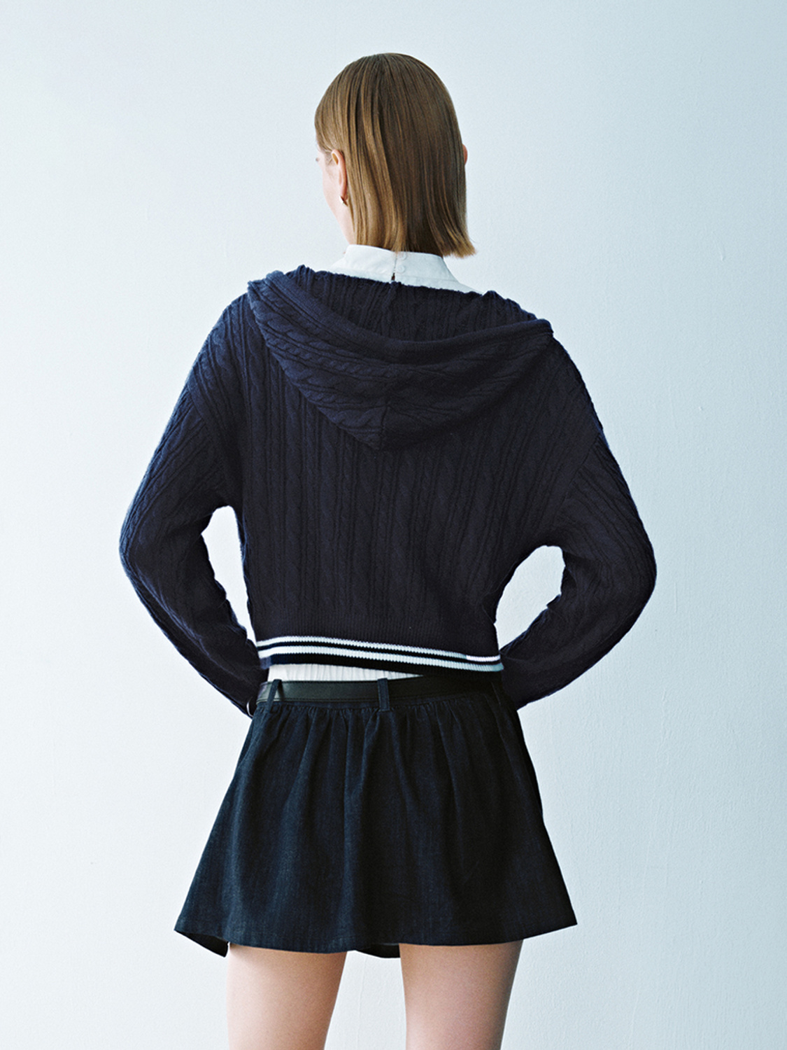 Factory Cropped Cable Knit College Style Zip-Up Hoodie