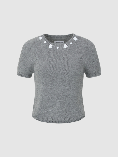 Wholesale Women’s Short-Sleeve Knit Sweater with Floral Embellishments