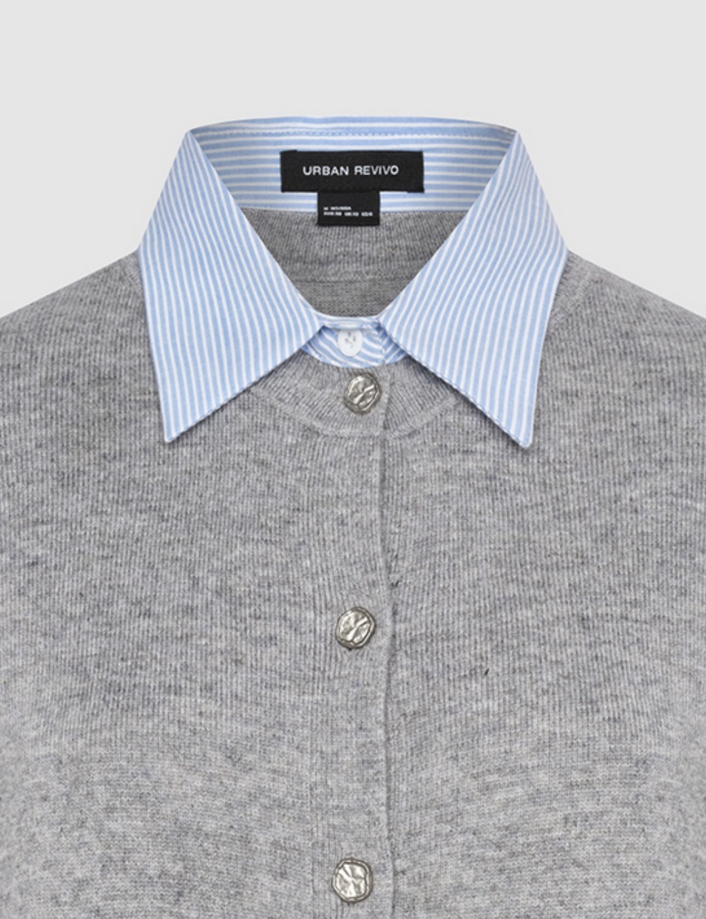 Factory Classic Grey Cardigan with Detachable Blue Striped Collar