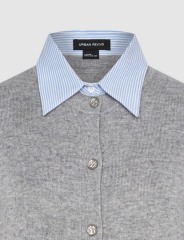 Factory Classic Grey Cardigan with Detachable Blue Striped Collar