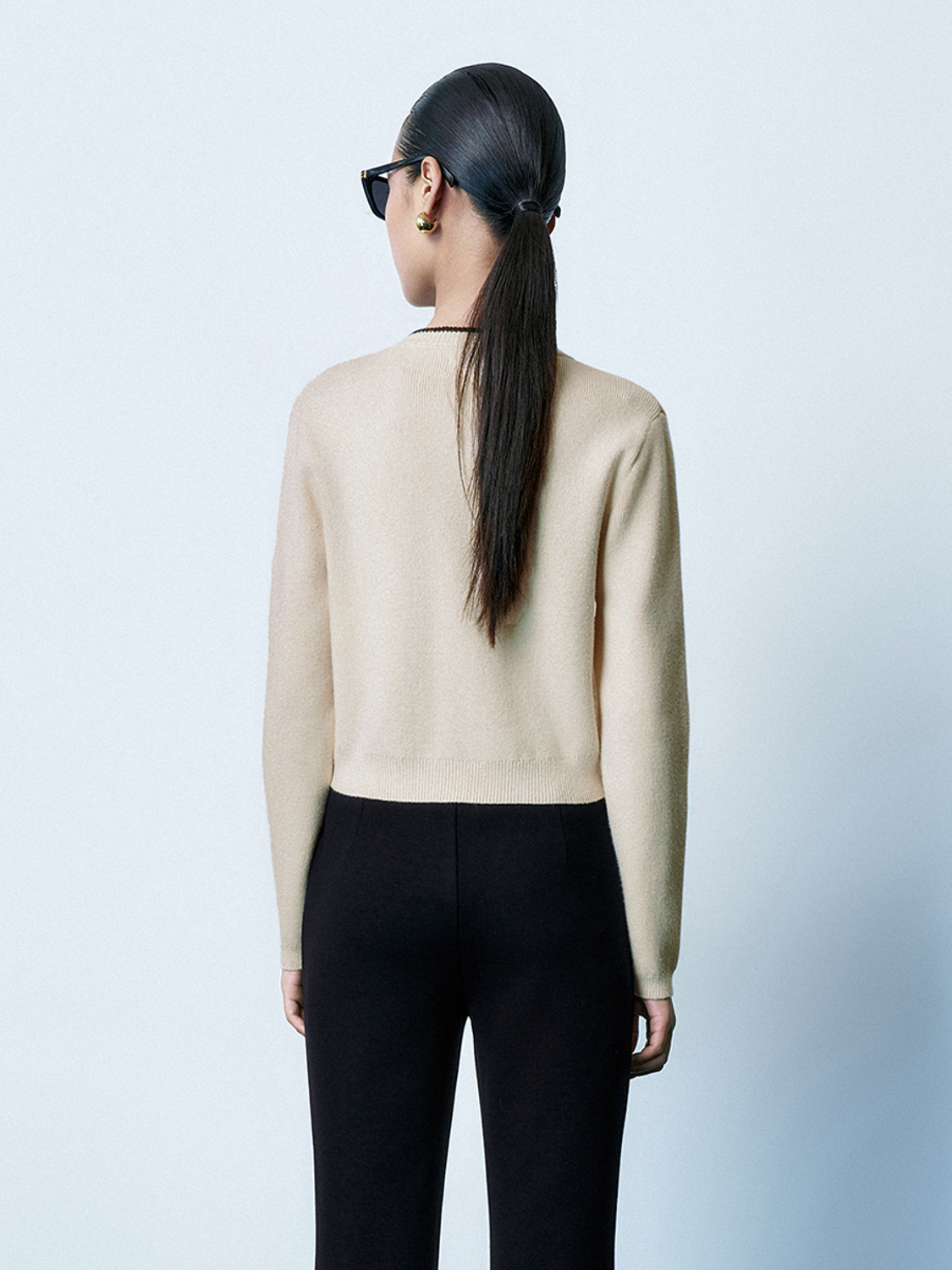 Wholesale Elegant Beige Cropped Black Accents and Gold-Tone Buttons Cardigan