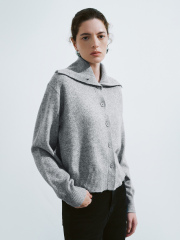 Wholesale High stand collar Cozy Grey Button-Up Cardigan with Collar Detail