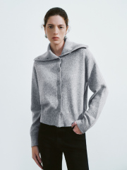 Wholesale High stand collar Cozy Grey Button-Up Cardigan with Collar Detail