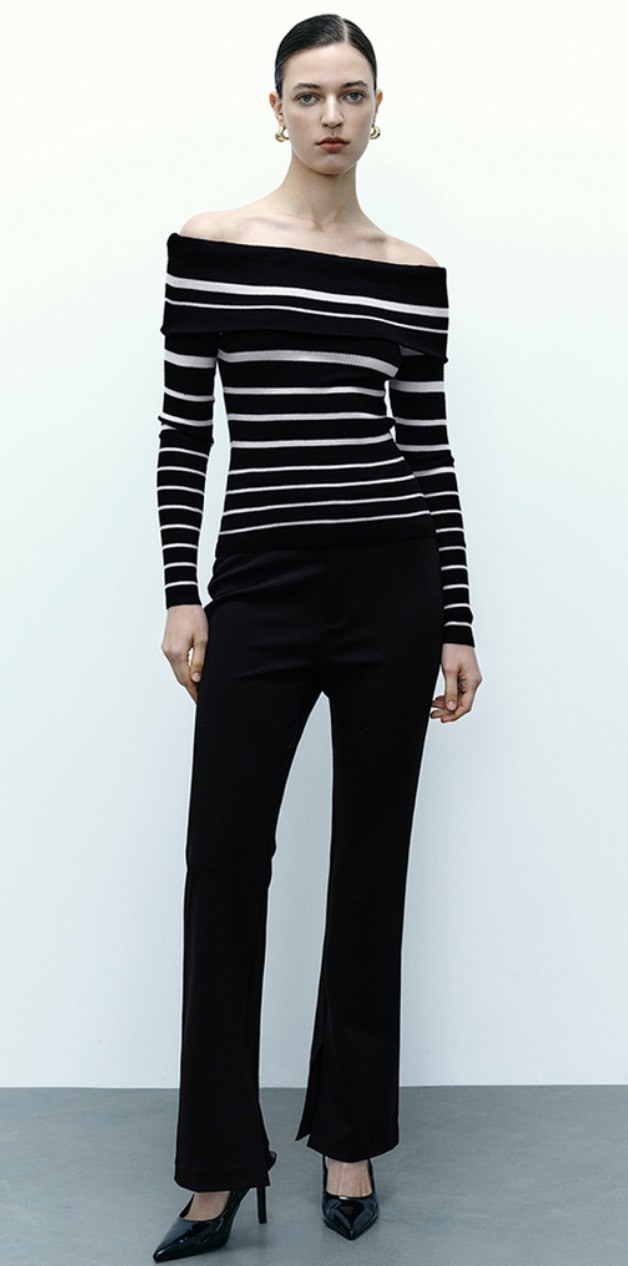 Custom Off-Shoulder Striped Knit Black & White Sweater Top