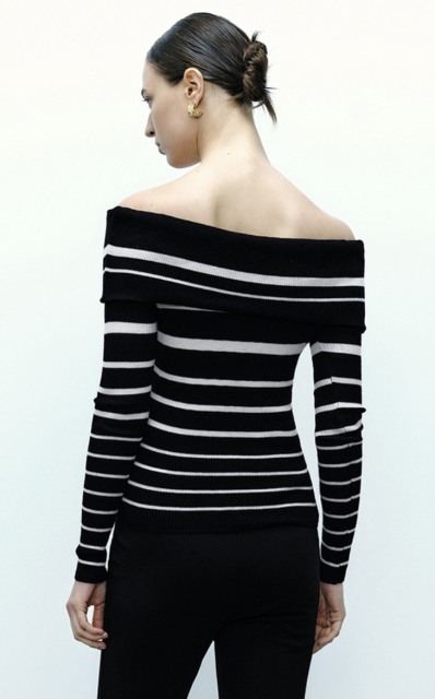 Custom Off-Shoulder Striped Knit Black & White Sweater Top