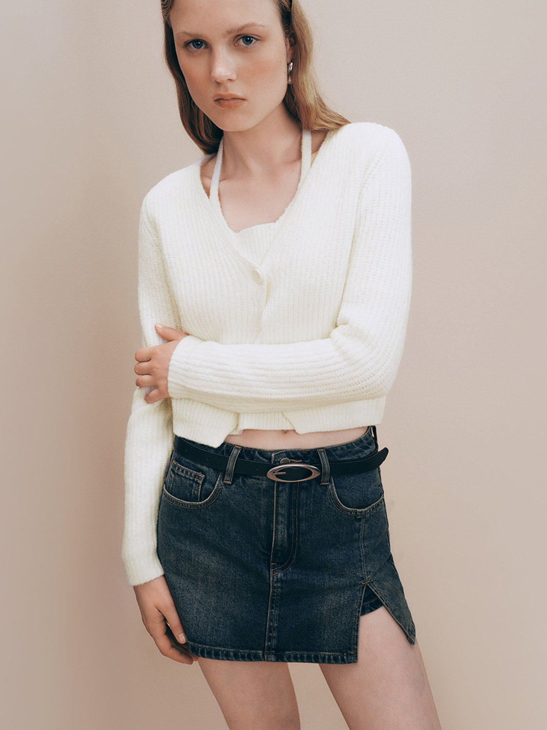 ODM Cropped White Denim Mini Skirt Set Knit Cardigan