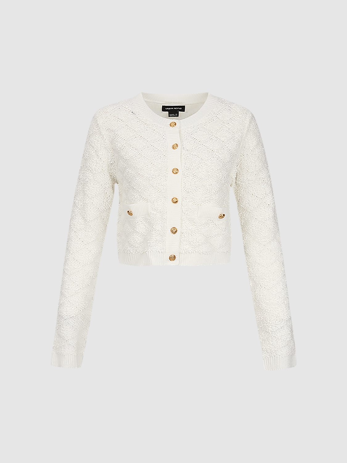 ODM Elegant White Textured Knit Cropped Gold-Tone Buttons Cardigan