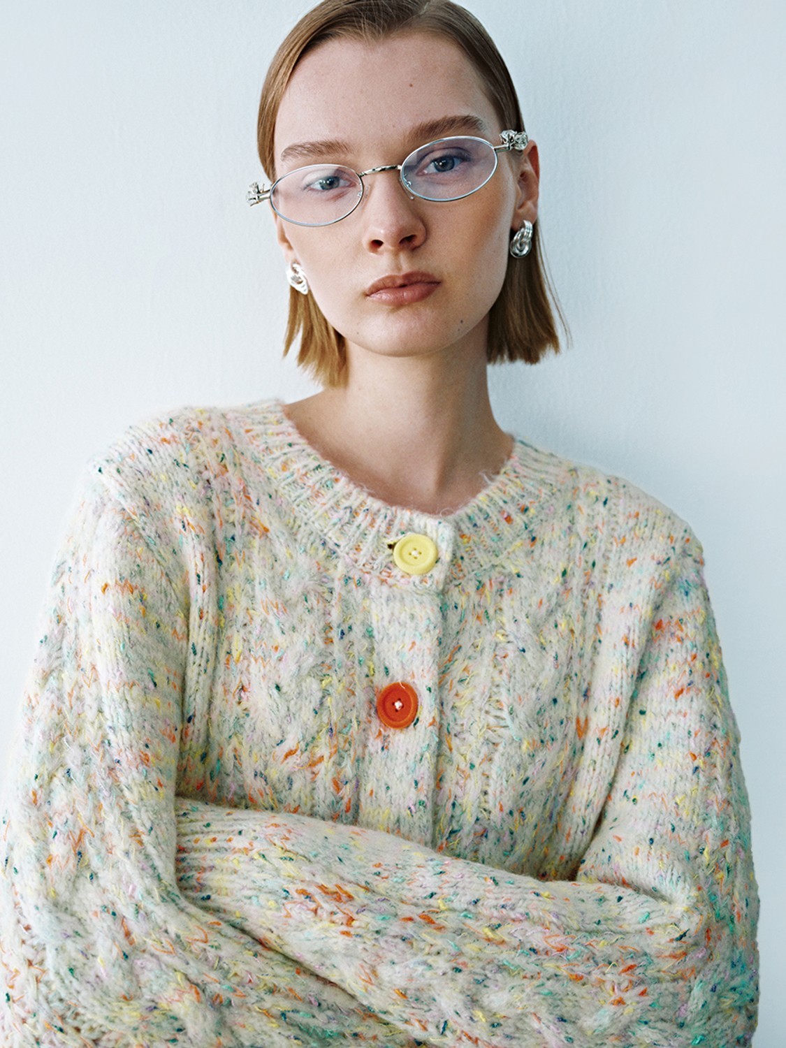 Custom Multicolor Speckled Vibrant Button Detail Knit Cardigan