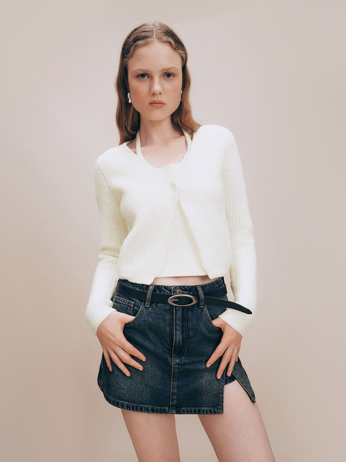 ODM Cropped White Denim Mini Skirt Set Knit Cardigan