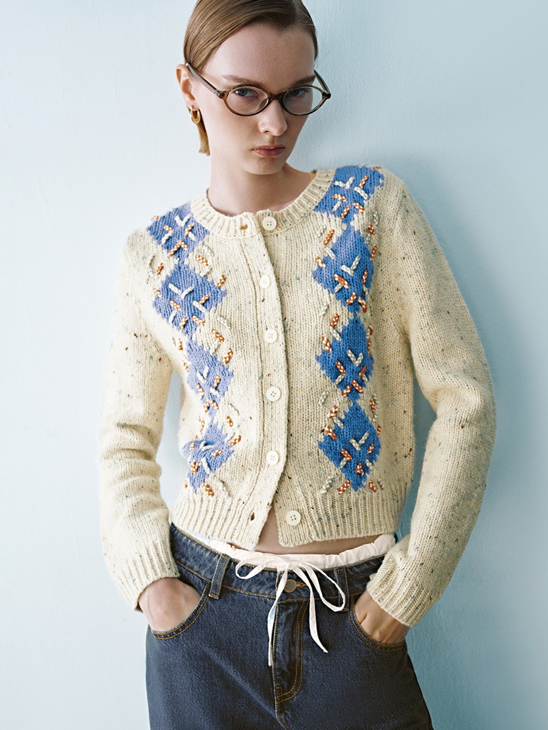 ODM Embroidered Button-Down Knit Floral Accents Cardigan