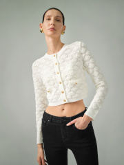 ODM Elegant White Textured Knit Cropped Gold-Tone Buttons Cardigan