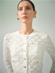 ODM Elegant White Textured Knit Cropped Gold-Tone Buttons Cardigan