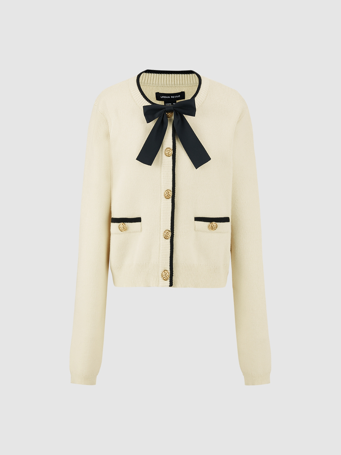 Wholesale Elegant Beige Cropped Black Accents and Gold-Tone Buttons Cardigan
