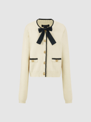 Wholesale Elegant Beige Cropped Black Accents and Gold-Tone Buttons Cardigan
