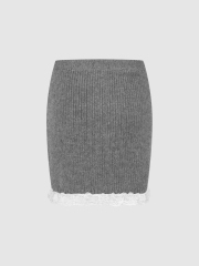 ODM Knitted Gray Lace Hem Mini Skirt