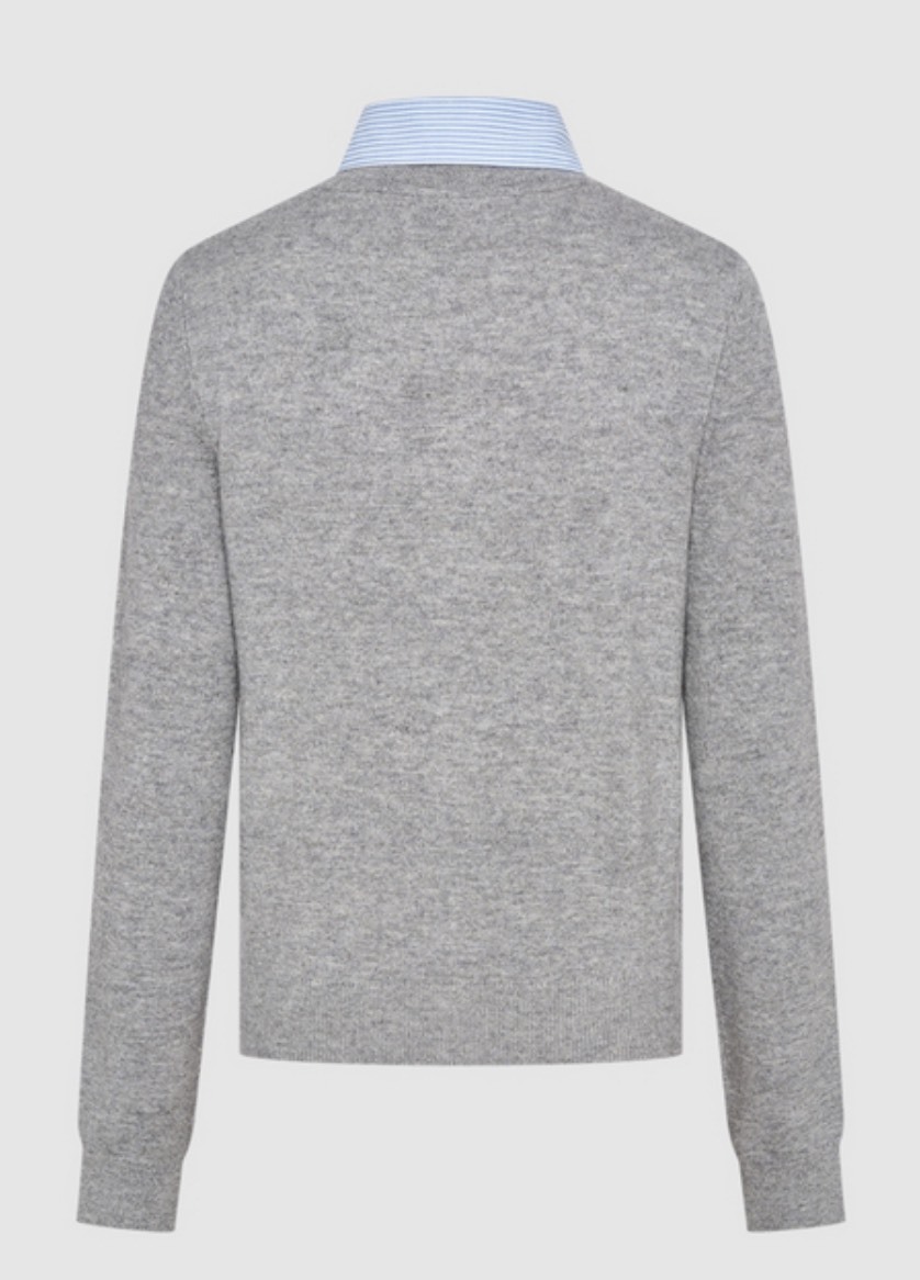 Factory Classic Grey Cardigan with Detachable Blue Striped Collar