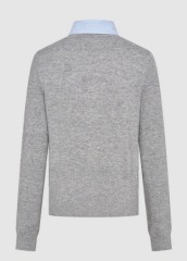 Factory Classic Grey Cardigan with Detachable Blue Striped Collar