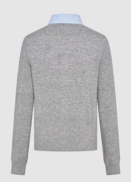 Factory Classic Grey Cardigan with Detachable Blue Striped Collar