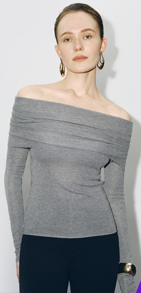ODM Off-Shoulder Slim-Fit  Grey Sweater Top
