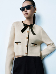 Wholesale Elegant Beige Cropped Black Accents and Gold-Tone Buttons Cardigan