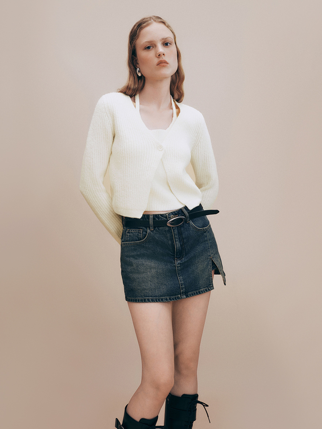 ODM Cropped White Denim Mini Skirt Set Knit Cardigan