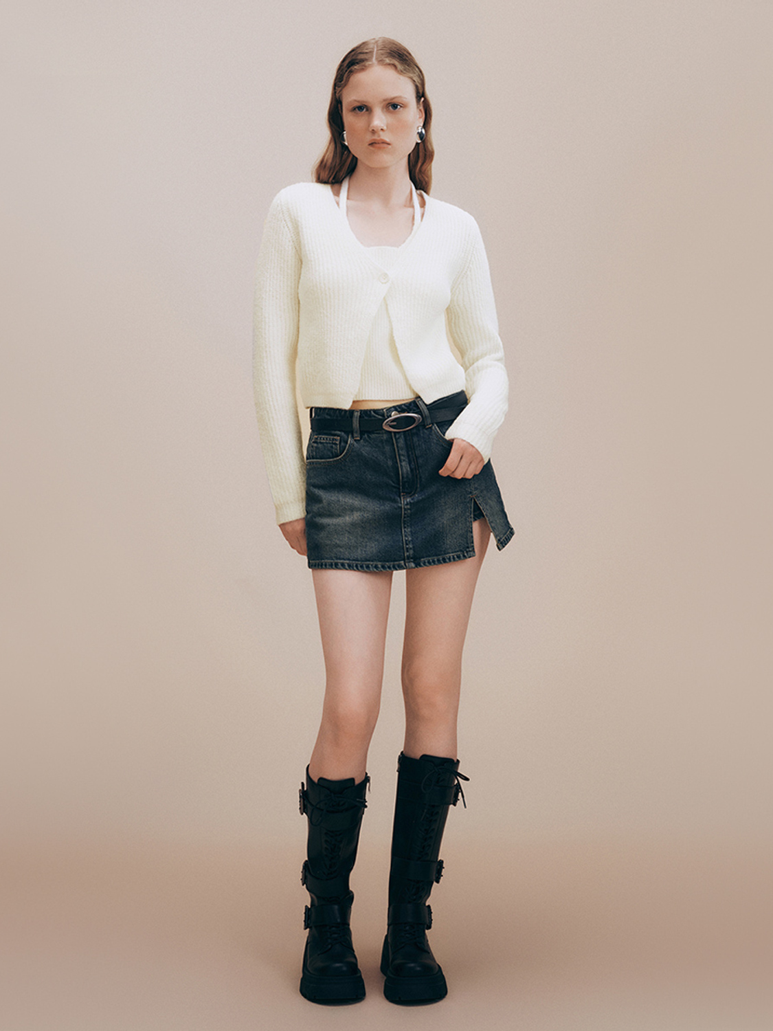 ODM Cropped White Denim Mini Skirt Set Knit Cardigan