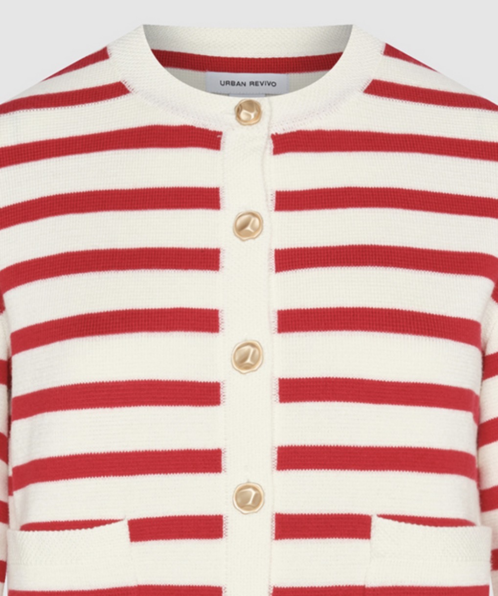 ODM Women's Striped Button-Up Red & White Cardigan