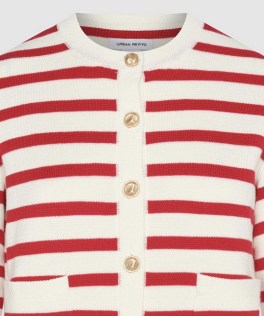 ODM Women's Striped Button-Up Red & White Cardigan