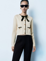 Wholesale Elegant Beige Cropped Black Accents and Gold-Tone Buttons Cardigan