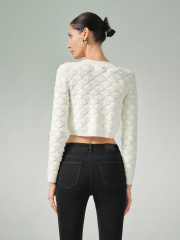 ODM Elegant White Textured Knit Cropped Gold-Tone Buttons Cardigan