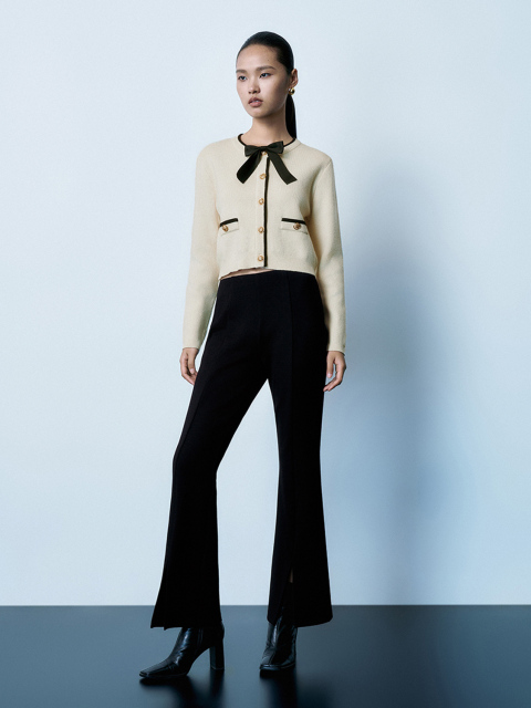 Wholesale Elegant Beige Cropped Black Accents and Gold-Tone Buttons Cardigan