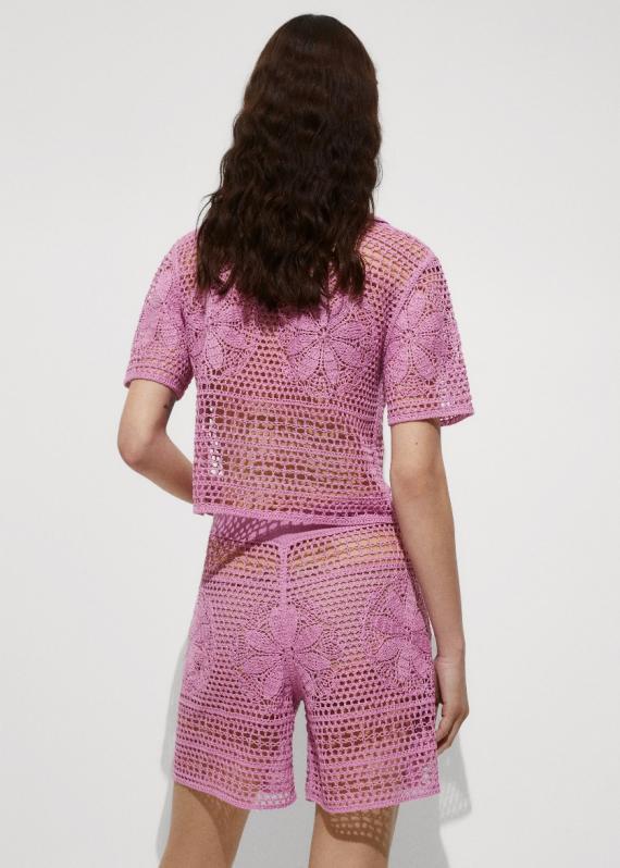 ODM Women's Crochet Two-Piece Set – Short-Sleeve Button-Up Top and High-Waisted Shorts in Lilac