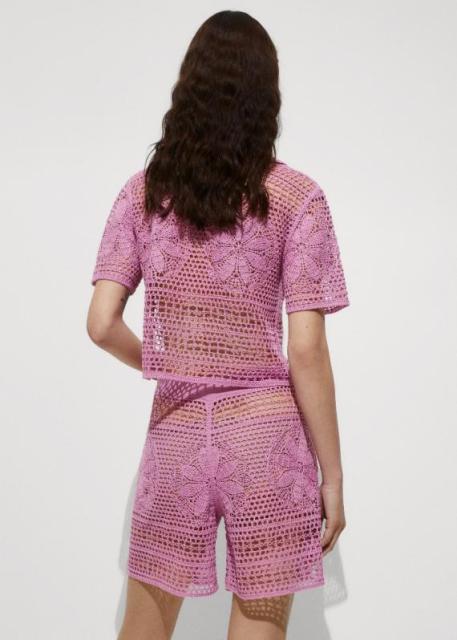 ODM Women's Crochet Two-Piece Set – Short-Sleeve Button-Up Top and High-Waisted Shorts in Lilac