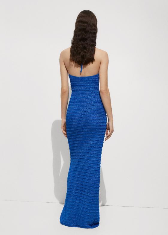 Customize Elegant Blue Halter Neck Ribbed Knit Evening Gown Maxi Dress