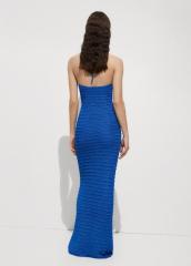 Customize Elegant Blue Halter Neck Ribbed Knit Evening Gown Maxi Dress