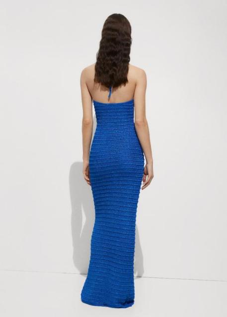 Customize Elegant Blue Halter Neck Ribbed Knit Evening Gown Maxi Dress