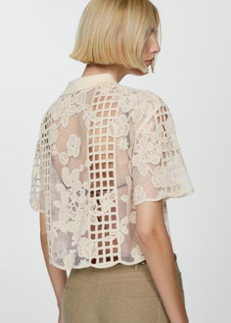 ODM Floral Crochet Sheer Elegant Openwork Lace with Collar Detail Polo Top