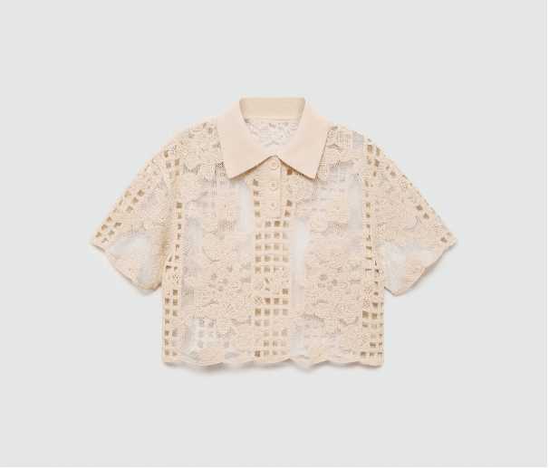 ODM Floral Crochet Sheer Elegant Openwork Lace with Collar Detail Polo Top