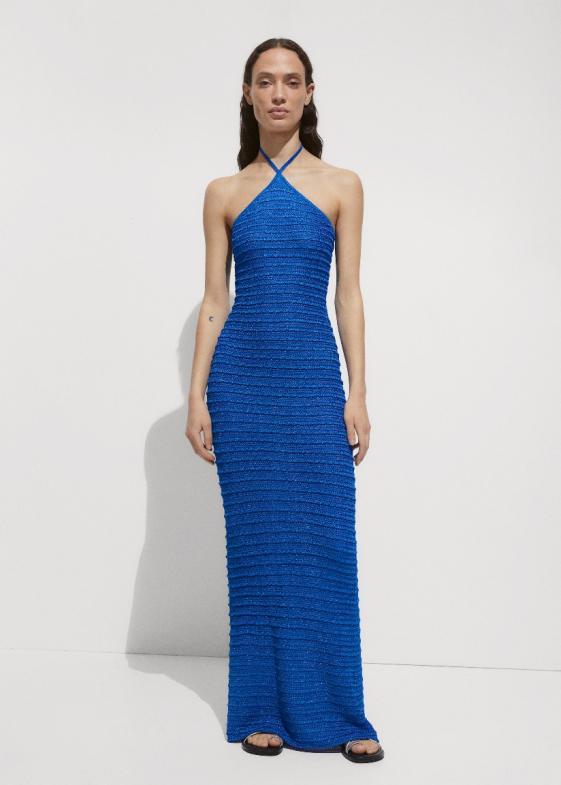 Customize Elegant Blue Halter Neck Ribbed Knit Evening Gown Maxi Dress