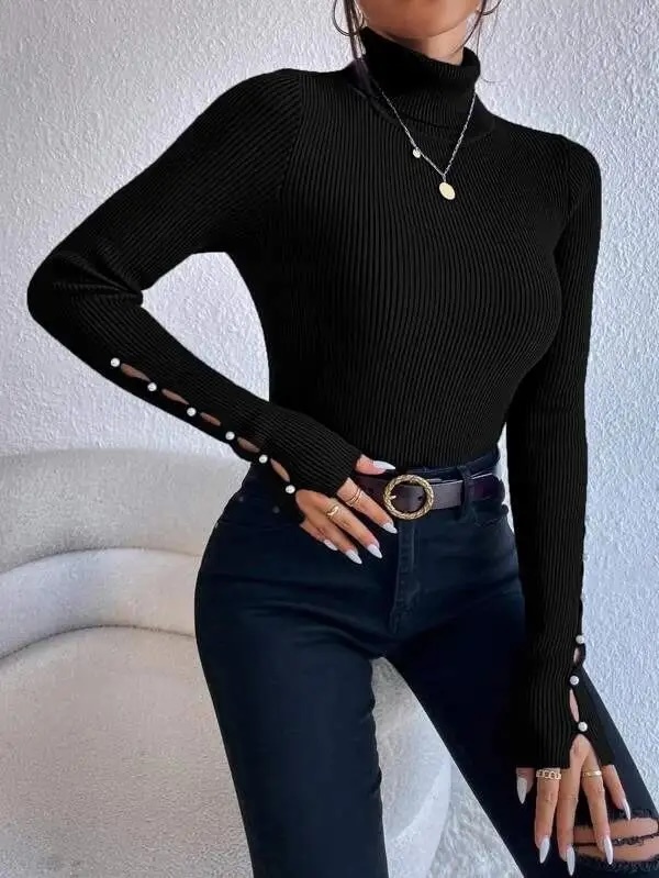 Customize Women's Hollowed Long-Sleeve Turtleneck Ribbed Slim-Fit Design Sweater