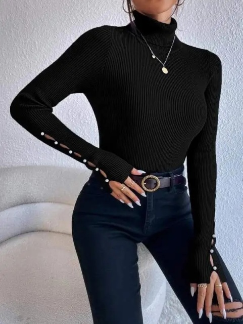 Customize Women's Hollowed Long-Sleeve Turtleneck Ribbed Slim-Fit Design Sweater