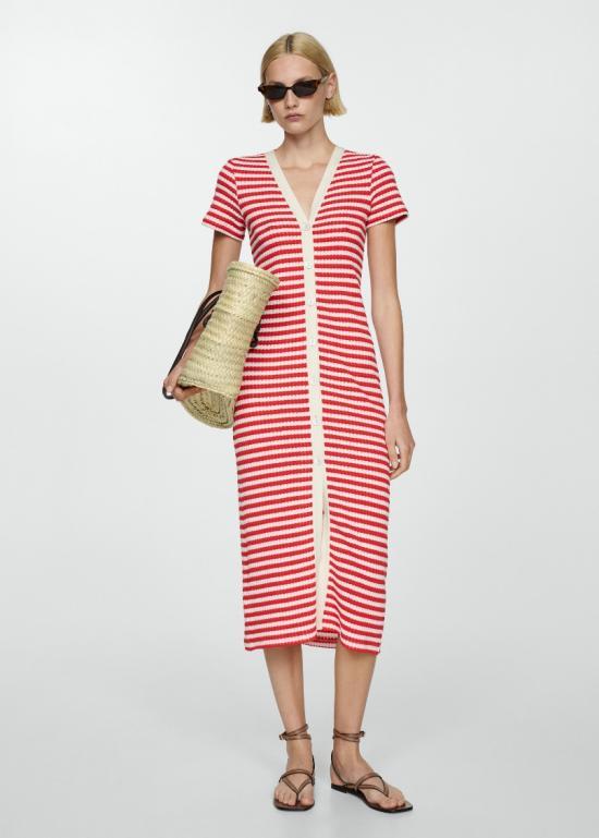 ODM Striped Knit Midi Dress – Button-Front Short-Sleeve Summer Dress