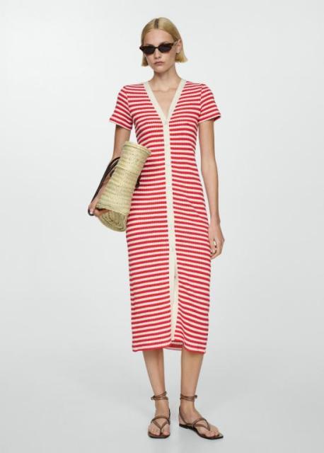 ODM Striped Knit Midi Dress – Button-Front Short-Sleeve Summer Dress
