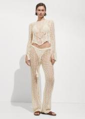 Factory Bohemian Fringe Crochet Set – Long-Sleeve Crop Top and High-Waisted Wide-Leg Pants