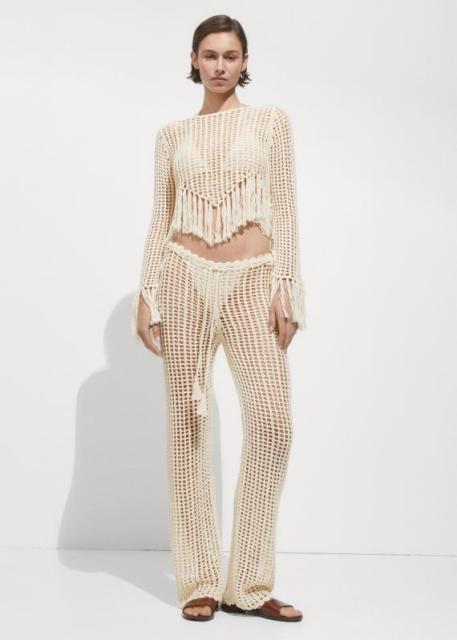 Factory Bohemian Fringe Crochet Set – Long-Sleeve Crop Top and High-Waisted Wide-Leg Pants